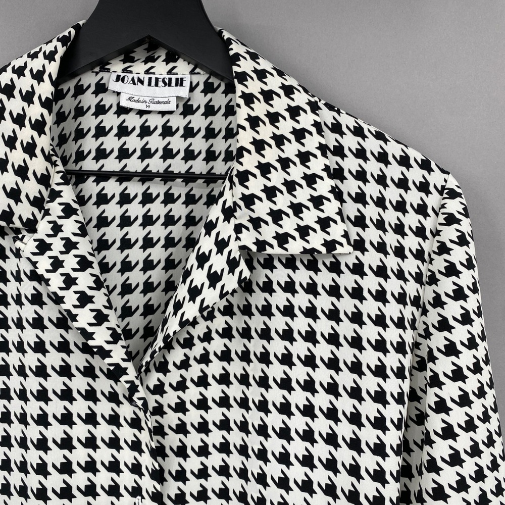 Vtg Joan Leslie Houndstooth Blouse Women 14 Black White‎ Button Down Long Sleeve